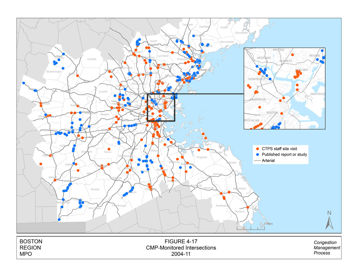 This figure displays the intersections in the Boston MPO region that are monitored by the Congestion Management Process. These intersections were monitored between 2004 and 2011. Intersections where CTPS staff visited the site are indicated in red. Intersections for which data were collected from a published report or study are indicated in blue.